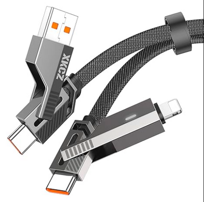 *4-in-1 Charging Cable* handles iPhone, Android, and Type-C devices all in one. It combines Lightning, USB-C, Micro USB, and USB-A connectors