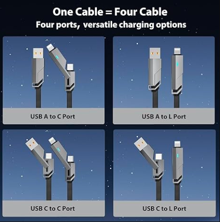 *4-in-1 Charging Cable* handles iPhone, Android, and Type-C devices all in one. It combines Lightning, USB-C, Micro USB, and USB-A connectors