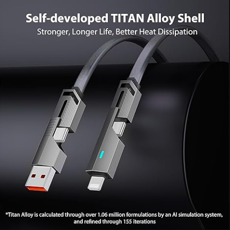 *4-in-1 Charging Cable* handles iPhone, Android, and Type-C devices all in one. It combines Lightning, USB-C, Micro USB, and USB-A connectors
