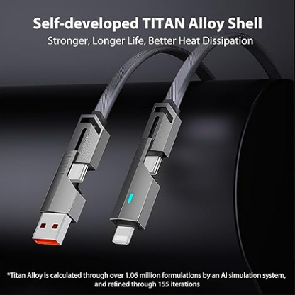 *4-in-1 Charging Cable* handles iPhone, Android, and Type-C devices all in one. It combines Lightning, USB-C, Micro USB, and USB-A connectors